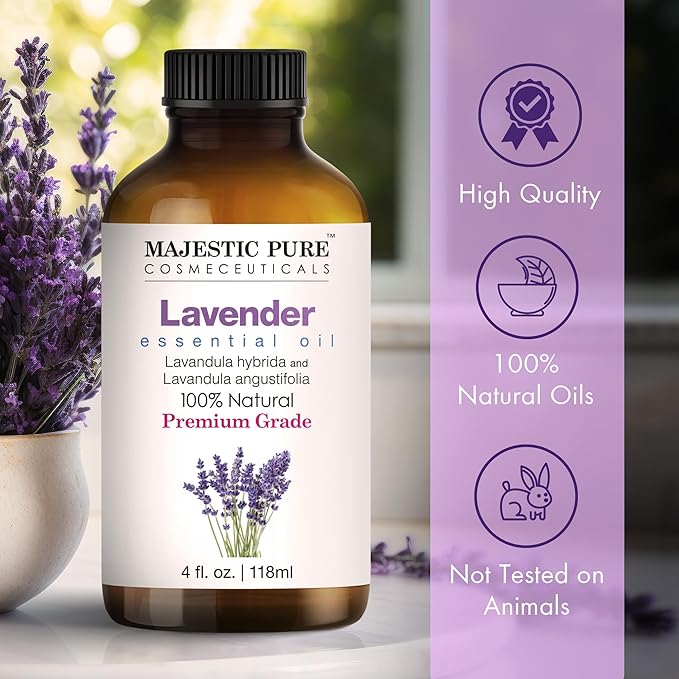 Majestic Pure Lavender Essential Oil with Glass Dropper - 4 Fl Oz Pack of 2-100% Pure and Natural Lavender Oil - Premium Grade Essential Oils for Diffuser, Aromatherapy, Soap and Candle Making