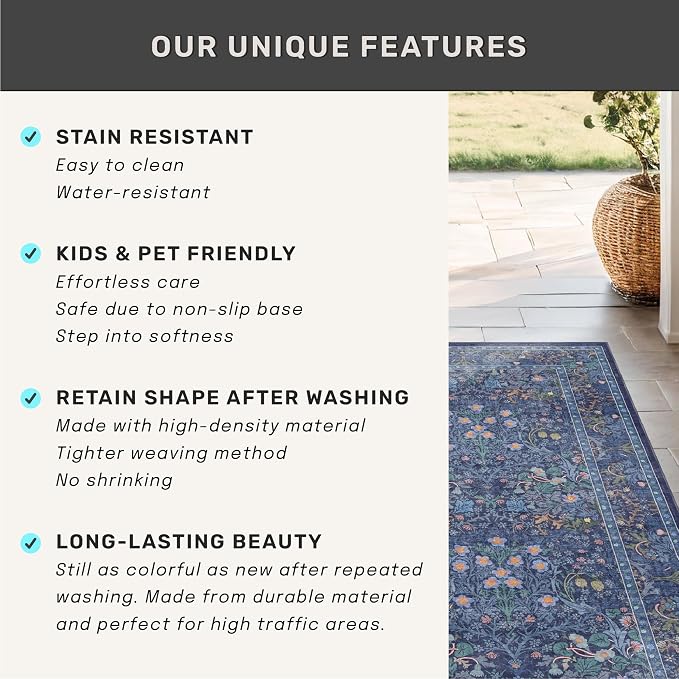 Washable Dark Blue Rug for Living Room - Image 6