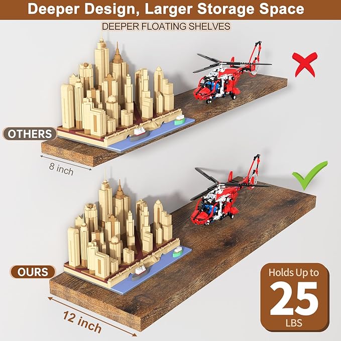 12 Inch Deep Floating Shelves for Wall 2 Pack Floating Shelves Large Storage Space Wall Mount Shelf for Living Room Kitchen Bathroom 30" W x 12" D x 1.2" H Rustic Brown