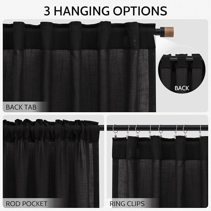 Vintage Black Linen Curtains 84 Inch Length 2 Panels Set - Image 2