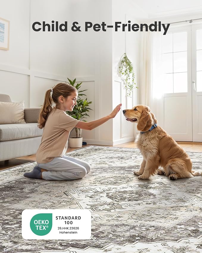 AMADA HOMEFURNISHING Grey 8x10 Area Rug, Washable Low-Profile Large Area Rug - Image 4