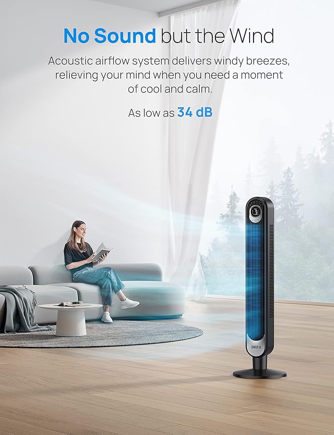 Dreo Smart Tower Fan WiFi Voice Control, Compatible with Alexa/Google & Fans for Home Bedroom, Table Air Circulator Fan for Whole Room, 12 Inch, Black