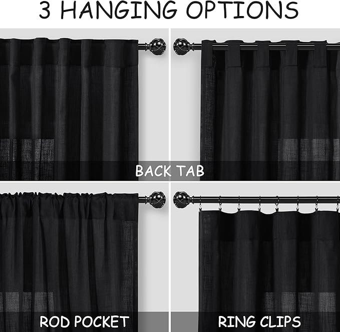 Black Linen Textured 96 Inch Curtains 2 Panel Set Back Tab Rod Pocket Sheer - Image 3