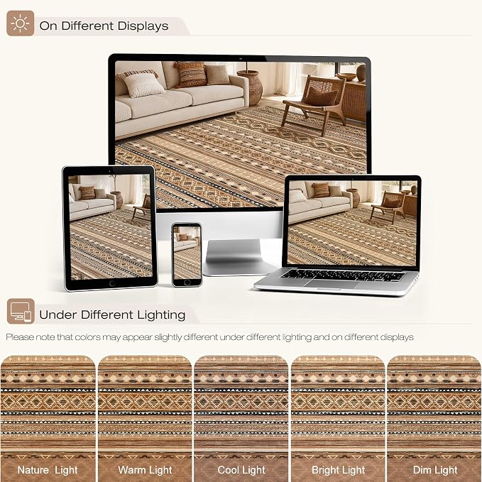 cotiled 10x12 Area Rugs Washable Boho Living Room Rug Brown/Beige | Stain - Image 9