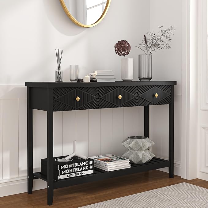 47" Console Table with 3 Drawers, Fluted Narrow Long Entryway Table with Storage Shelf, Accent Table for Entryway, Living Room, Behind Couch, Foyer, Hallway, Office