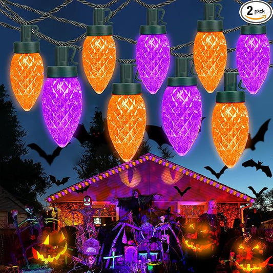2PK 100 LED Purple and Orange C9 Halloween Lights Indoor Outdoor, Extendable 98FT C9 String Lights with 13 Modes & Timer, Waterproof Plug in Halloween Decorations for Tree Patio Fall Party Garden