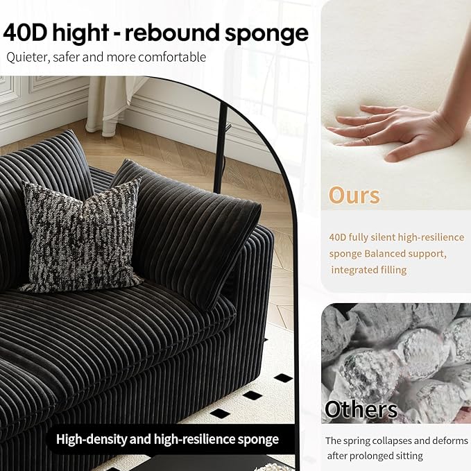 118" Cloud Couch Oversized Modular Sectional Sofa for Living Room,Modern Sofa with Deep Seat，V Shaped Boneless Couch,Comfy Upholstered Corduroy Couches for Apartment, Studio, Office,Bedroom，Black