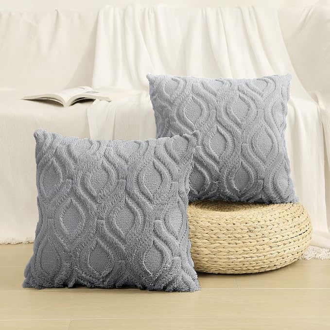 decorUhome Throw Pillow Covers 26x26 Inch Set of 2, Soft Plush Faux Wool Grey - Image 7