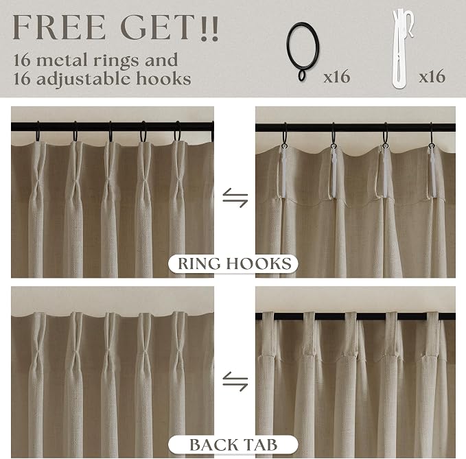 Grey Beige Pinch Pleated Semi Sheer Linen Curtains 92 Inches Long 2 Panel | - Image 5