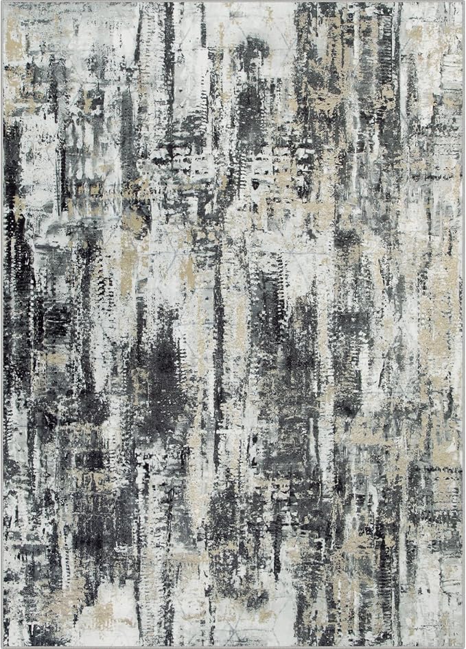 8x10 Area Rugs for Living Room: Washable Abstract Black Grey Gold Carpet | - Image 2