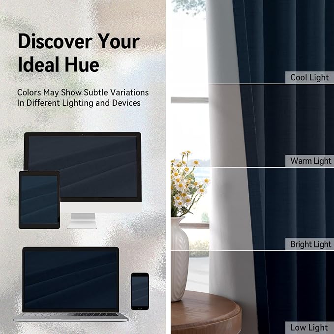 100% Blackout Linen Textured Curtains 72 Inch Long, Midnight Blue | 100% - Image 7