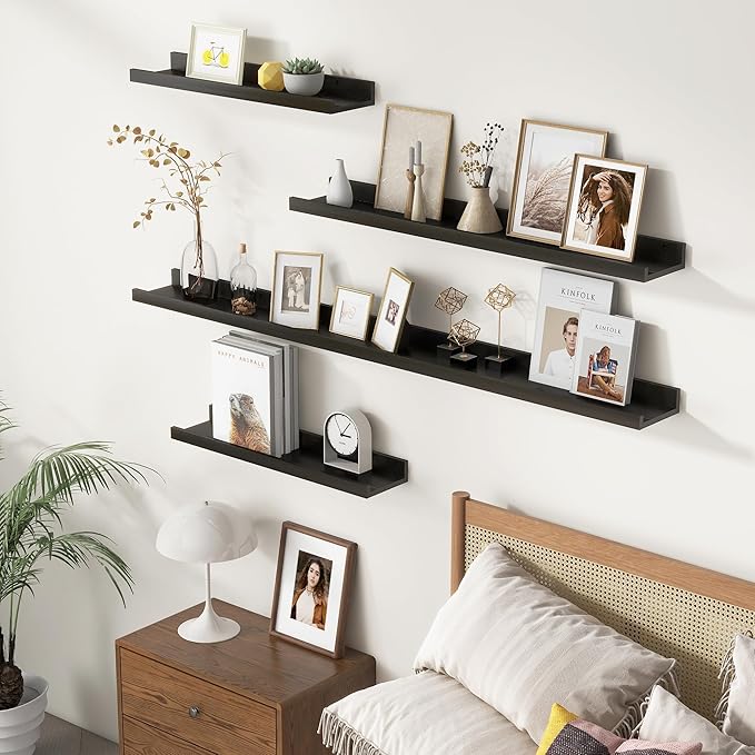 Picture Ledge Wall Shelves 48 inches Width Set of 3, Solid Pine Wood Rustic Floating Ledge Shelves for Wall for Kids' Room Bedroom Kitchen Bathroom Long Floating Shelves for Wall Decor, Black