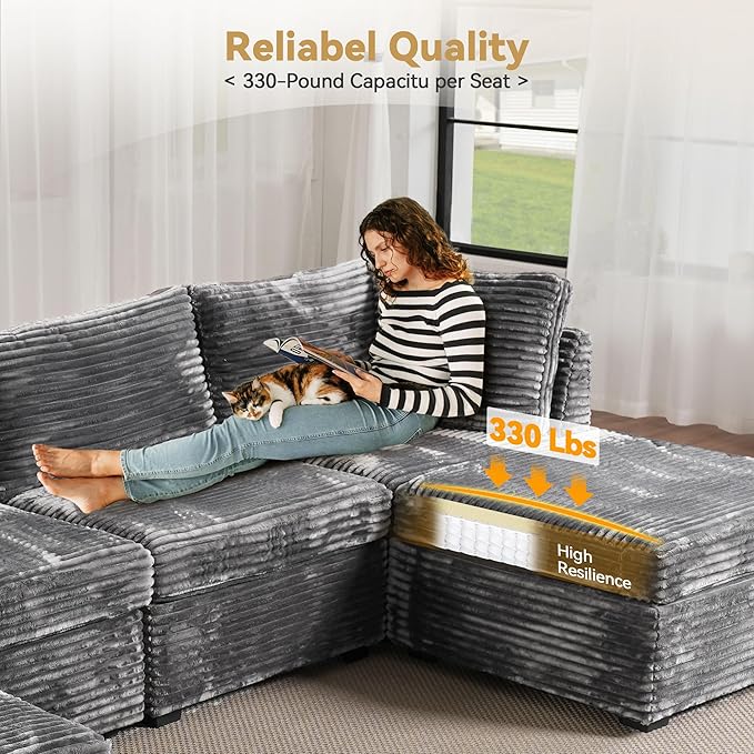 Modular Sectional Sofa with Chaise U Shaped Sectional Couch for Living Room, 5-Seater Comfy Cloud Couches with One Movable Ottoman, Plush Corduroy, Gray