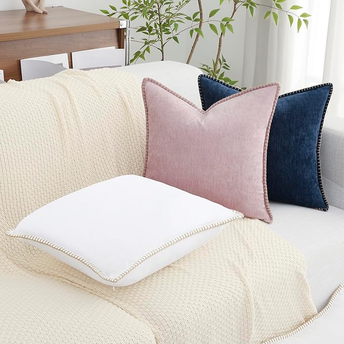 decorUhome Chenille Soft Throw Pillow Covers 24x24 Set of 2, Farmhouse Velvet Neutral Decorative Euro Pillow Covers with Stitched Edge for Couch Sofa Bed Home Decor, White