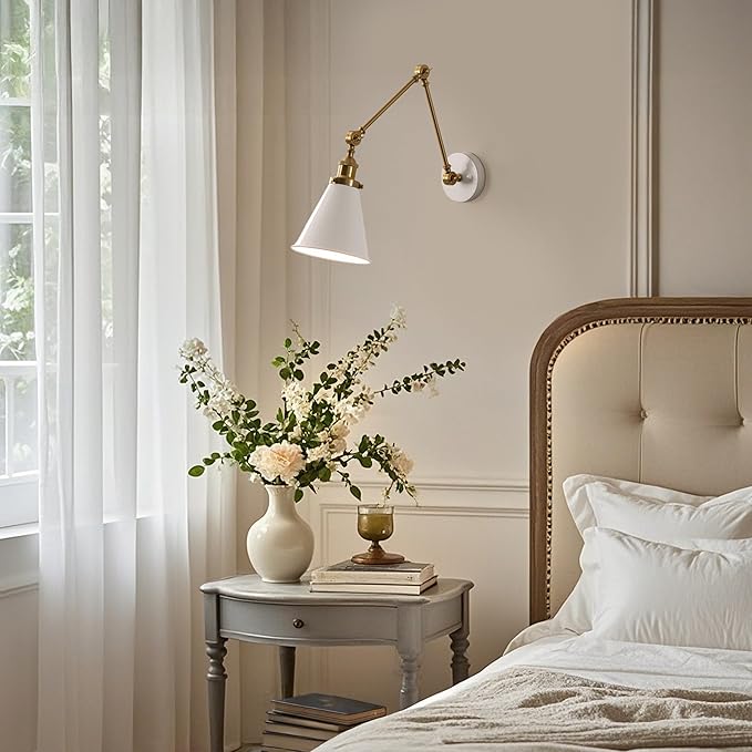 JONATHAN Y JYL7462B Rover 7" Classic Industrial Metal Adjustable Arm LED Wall Sconce, White/Brass Gold for Bedroom, Bathroom, Vanity