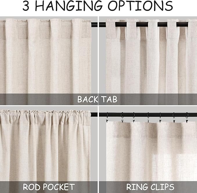 102 Inch Linen Curtains for Living Room Beige Privacy Semi Sheer Curtains Back - Image 3