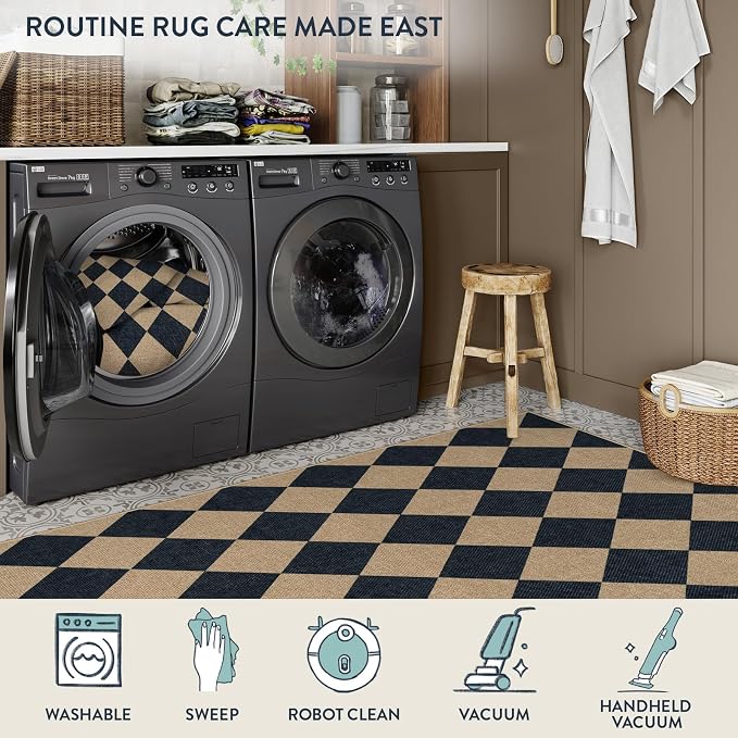 Lahome Checkered Easy Jute 6ft Round Outdoor Patio Area Rug, Washable Black | - Image 6