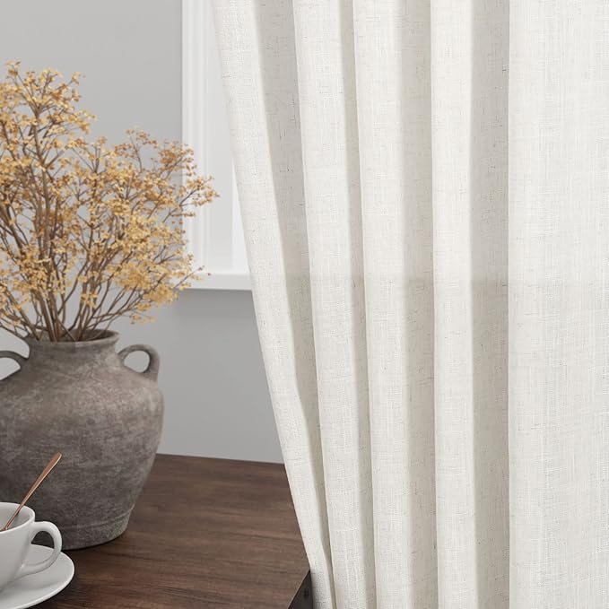 Linen Light Filtering Curtains 96 Inches Long 2 Panels Long Cream Semi Sheer - Image 2
