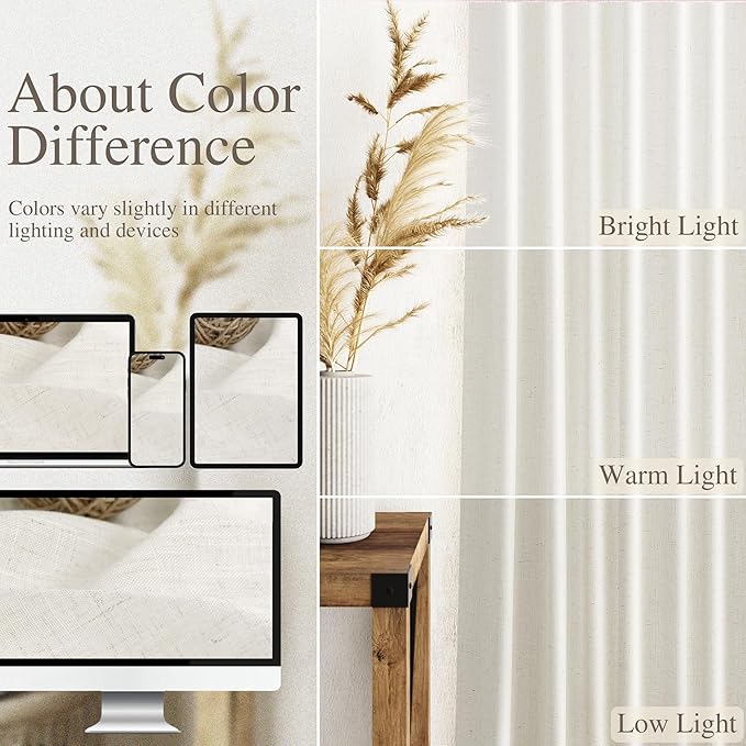 Cream Linen Back Tab Rod Pocket Curtains 50 Inch Length - Image 3