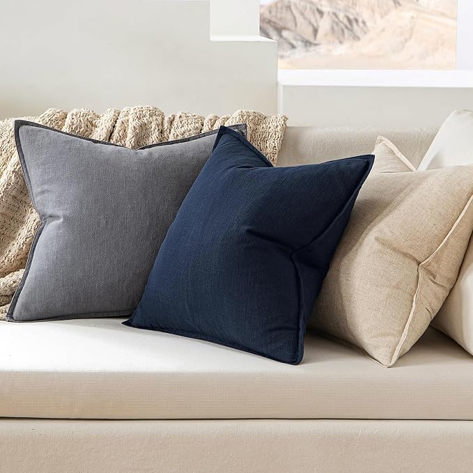 MIULEE Decorative Linen Pillow Covers 22x22 Inch Navy Blue | Boho Farmhouse​ - Image 3