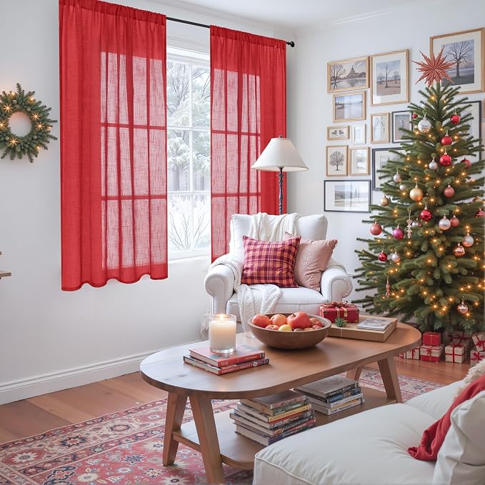 BGment Short Red Linen Curtains 48 Inch Length - Image 2