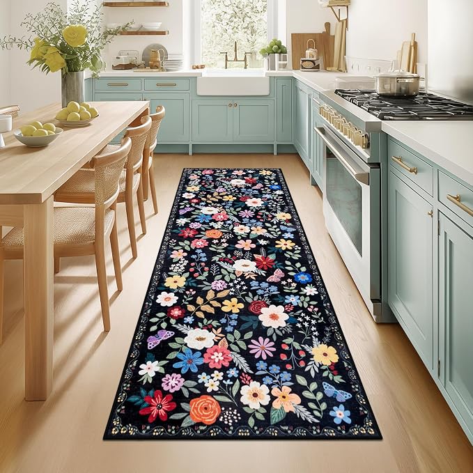 PLHXFR 2x5 Washable Runner Rug：Floral Indoor Kitchen Soft Carpet Black | by PLHXFRSoftAreaRugs