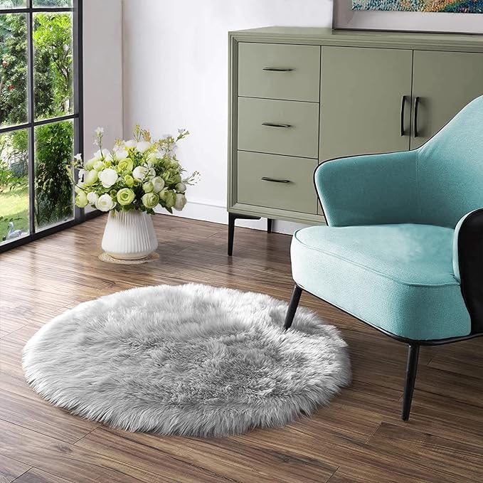 Latepis Gray Fluffy Circle Faux Fur Rug Round Rugs 4ft Sheepskin Rug by Latepis