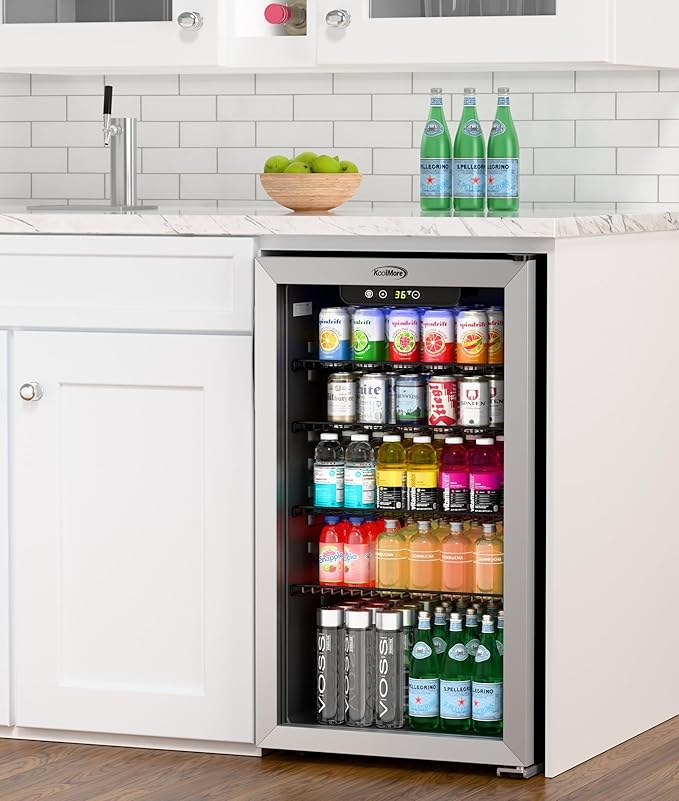 KoolMore 18 in. 3.2 Cu. Ft. Beverage Refrigerator Merchandiser with Stainless Steel Trim and Touch Panel For Soda, Beer or Wine Perfect for Use in a Commercial or Home Setting, ETL Listed (KM-BR32SS)