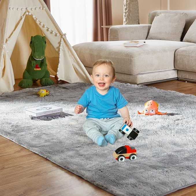 Ultra Soft Indoor Modern Area Rugs, 5x7 Tie-Dyed Light Grey Large Area Rugs - Image 3
