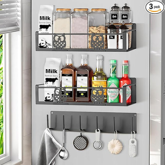 Spice Rack Magnetic for Fridge,Magnetic Fridge Shelf,Spice Shelf,Condiment Organizer,Refrigerator Organizers and Storage with Magnetic Hooks,Owl Kitchen Decor(Gray)