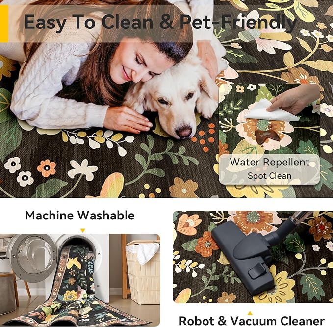 RELEANY Floral Washable 2x3 Area Rugs Doormat Black/Yellow | Flower Carpet - Image 6
