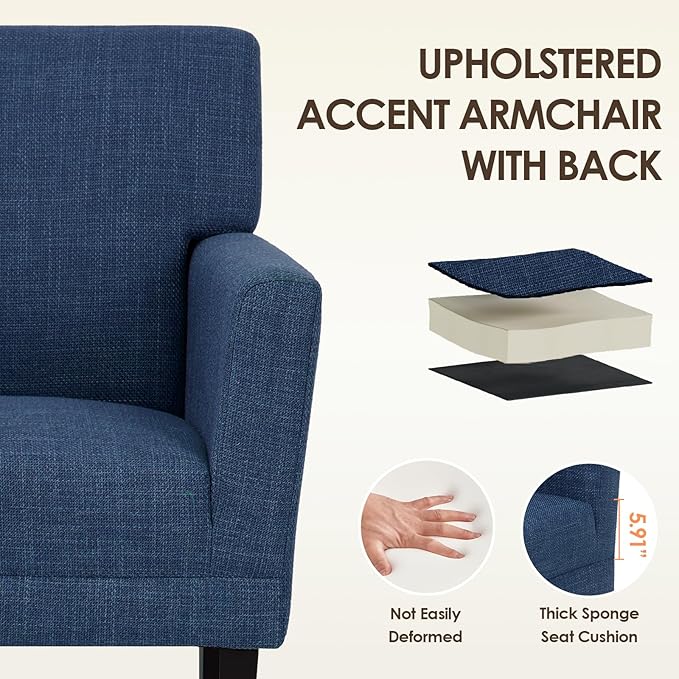 COLAMY Accent Chair Set of 2 for Living Room, Modern Upholstered Fabric Accent Armchair with Back, Soft Single Sofa Chair with Arms for Bedroom/Office/Reception Room, Blue