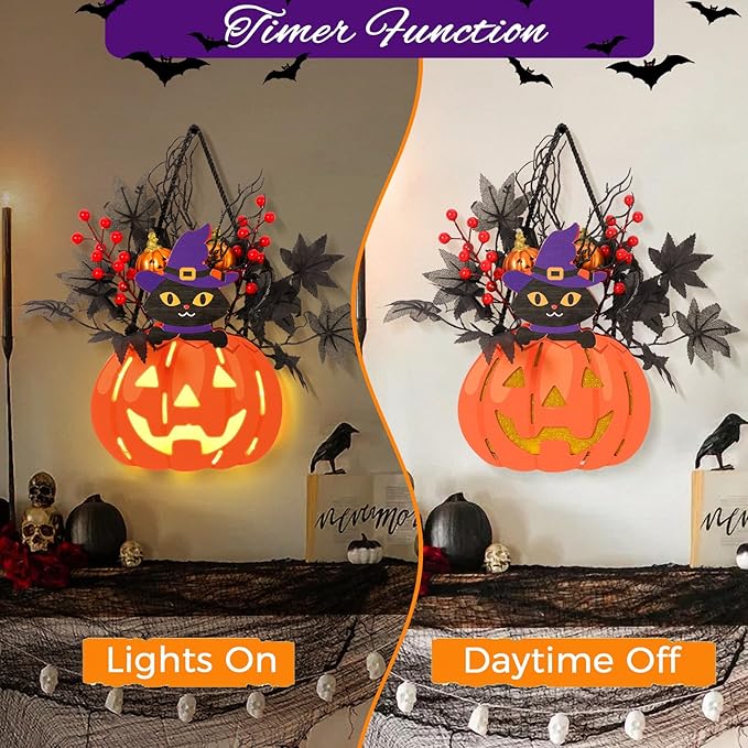 Halloween Pumpkin Decorations, Lighted Jack-O-Lantern with Maple Leaves Berries Black Cat, Halloween Door Sign Wood Pumpkin Lights for Front Door Indoor Outdoor Yard Party Cartoon Hanger Decor