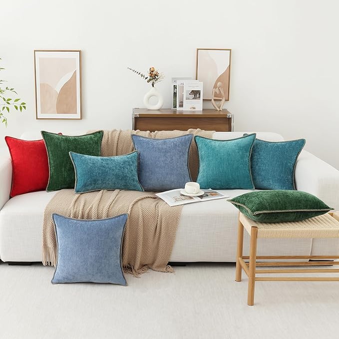 decorUhome Chenille Soft Throw Pillow Covers 22x22 Set of 2, Farmhouse Velvet Neutral Decorative Euro Pillow Covers with Stitched Edge for Couch Sofa Bed Home Decor, Teal