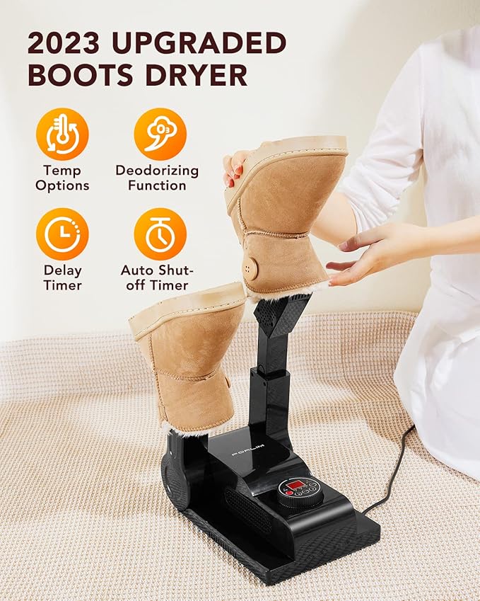 FORLIM [Upgraded Temperature Control] Boot Dryer for Work Boots - Shoe Dryer with 24-Hour Delay Timer, Portable Glove Dryer & Boot Warmer, Automatic Shut-Off Timer, Folding Design, Smart Panel, Black