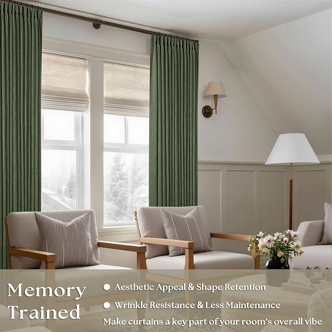 Extra Long Thick Linen Pinch Pleat Loden 120 Inch Long Curtains 2 Panels | - Image 2