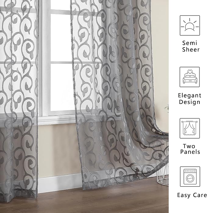 OWENIE Furman Sheer Curtains Tiers 24 Inch Length 2 Panels Set, Geometric - Image 6