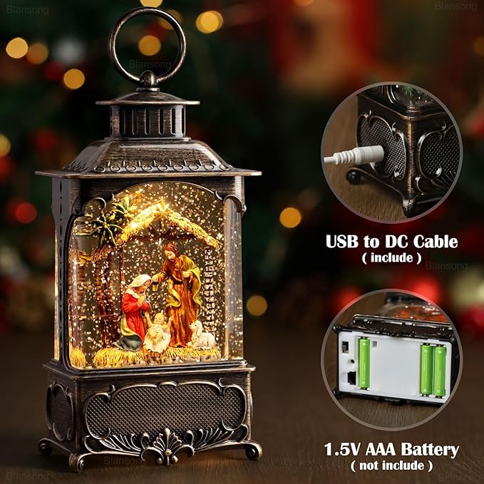 Nativity Snow Globe Lantern Christmas Decorations Gifts Auto Snowfall Glitter Music Collection Manger Sheep Pen Nativity Scene with 6H Timer USB/Battery Powered 10.2 inch