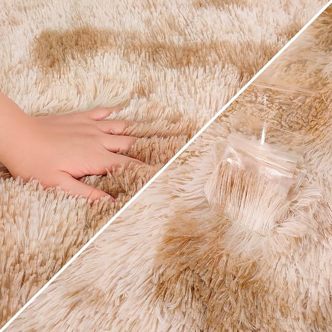 Super Soft Fluffy Living Room Area Rugs 2x6 ft Tie-Dyed Beige Shaggy Furry - Image 6