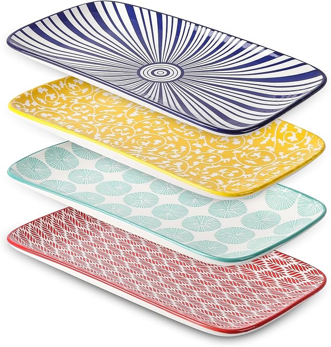 Selamica Ceramic Rectangular Salad Plates Set, Dinner Plate 9.4 Inch Dessert Plates for Party Entertaining, Small Serving Plates for Appetizers, Sushi, Fruit, Set of 4, Assorted Colors