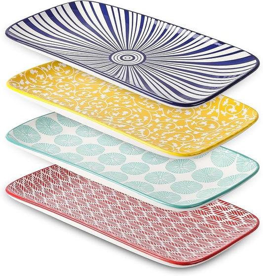 Selamica Ceramic Rectangular Salad Plates Set, Dinner Plate 9.4 Inch Dessert Plates for Party Entertaining, Small Serving Plates for Appetizers, Sushi, Fruit, Set of 4, Assorted Colors