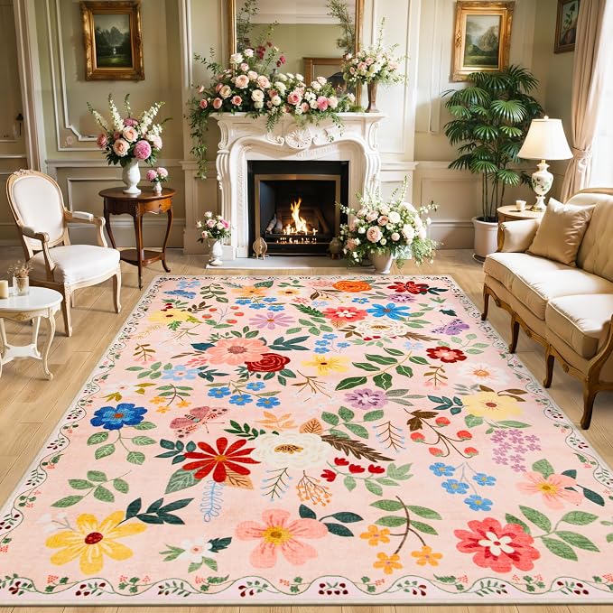 PLHXFR Area Rug 9x12 Living Room: Floral Washable Boho Soft Carpet Beige | by PLHXFRSoftAreaRugs
