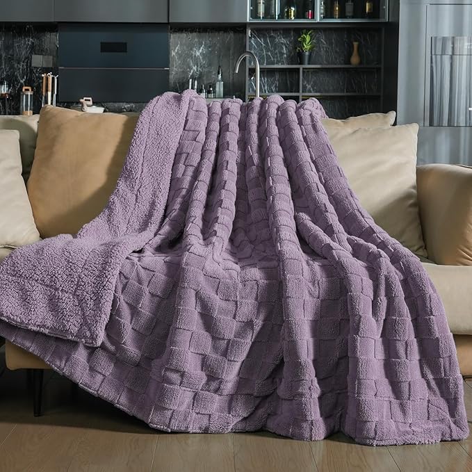 Pawque Super Soft Cozy Throw Blanket Twin Size for Couch Bed, Fluffy Sherpa Fleece Reversible Thick Warm Fuzzy Blanket for All-Season, 3D Checkered Jacquard Decorative Blankets, Purple, 60" x 80"