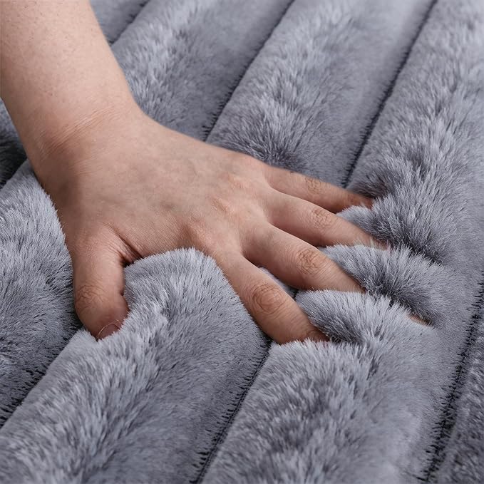Blue Grey Rabbit Striped Plush Rug 6'x9', Fluffy Shaggy Area Rug - Image 5