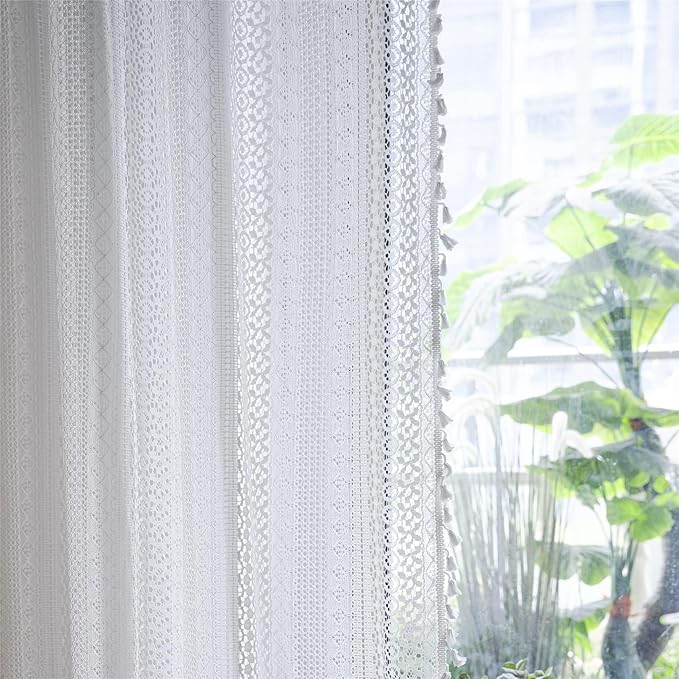 Sutuo Home White Boho Curtains Crochet Lace Semi-Sheer Bohemian Hollow Knitted Handmade Tassels, Rod Pocket Window Treatment Vintage Rustic Farmhouse Drapes for Glass Slide Door, 1 Panel 59" W x 90" L