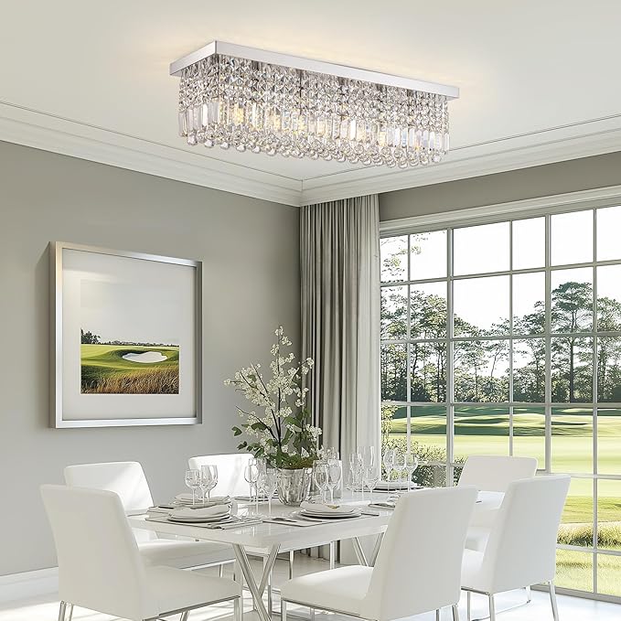 Rectangular Chandelier, Flush Mount Rectangle Chandelier Modern K9 Crystal Chandeliers Light Fixture, 6-Lights Raindrop Crystal Pendant Ceiling Light for Dining Room Bedroom Bar Club L31.5 Inch