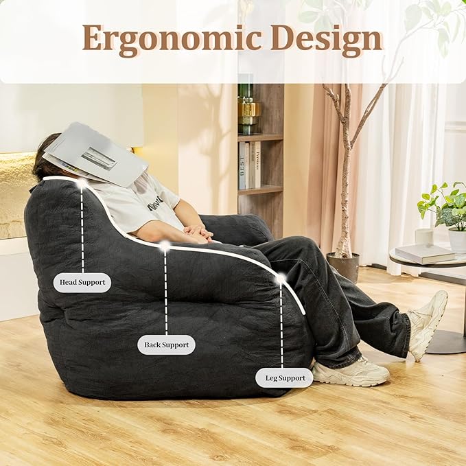 Giant Bean Bag Chair, Large Bean Bag Chair for Adults, Fluffy and Comfy Bean Bag Chair with Filler, Big Bean Bag Sofa Chair for Reading, Stuffed High-Density Foam, Grey