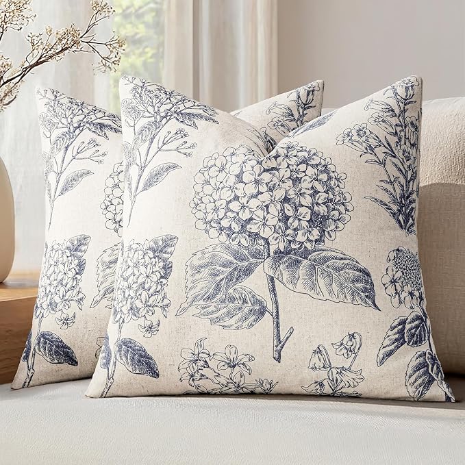 Set of 2 Decorative Floral Pillow Covers 20x20 Inch Navy Blue | Neutral by SWANCOCO