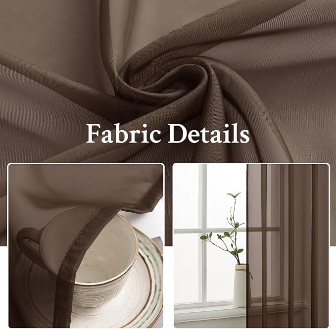 MIULEE Short Chocolate Brown Sheer Curtains 54 X 54 Inches, 2 Panels Set | - Image 3