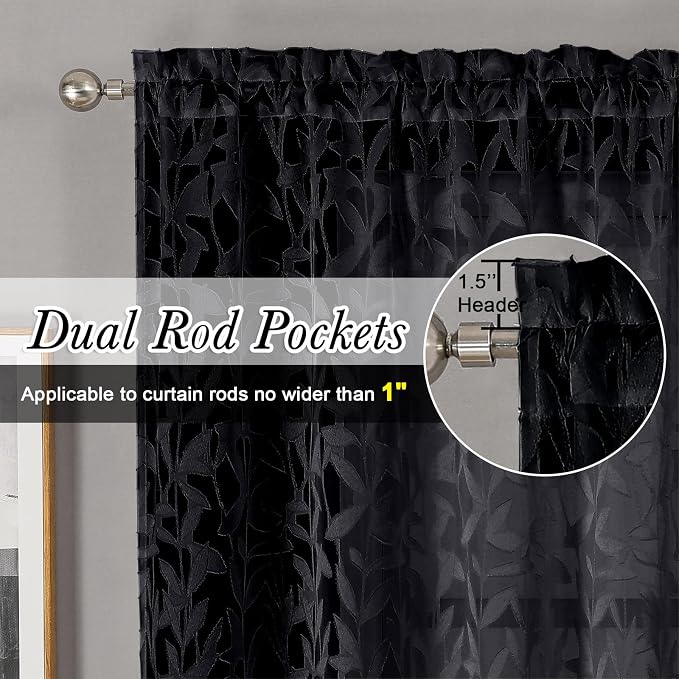Lecloud Leia Black Valances Sheer Cafe Curtains 24 Inch Length 2 Pieces - Image 3
